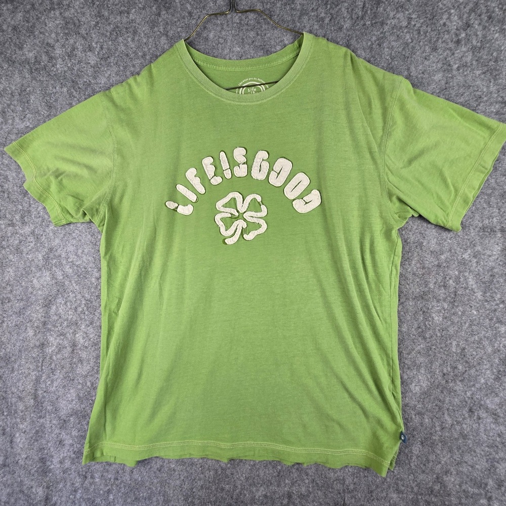 Life is Good Shirt Mens L Green Clover Applique Shamrock Short Sleeve Cotton